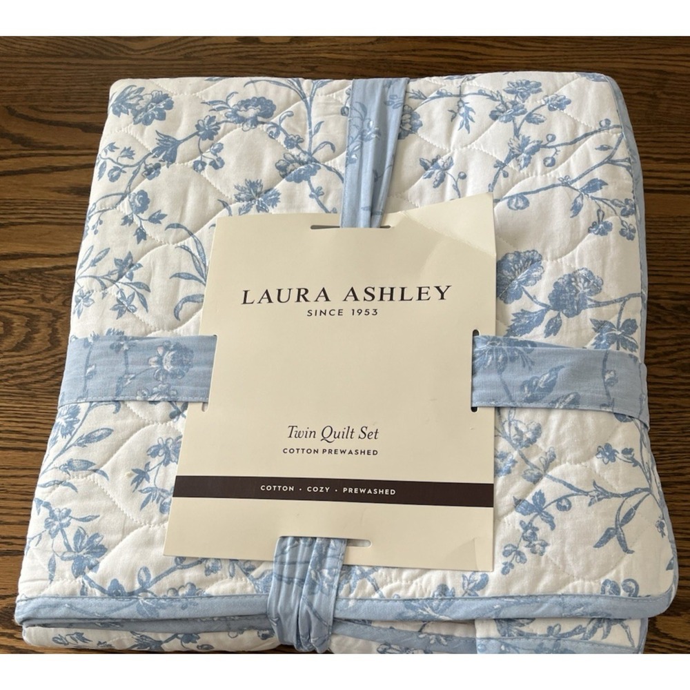 Laura Ashley Twin Quilt Sham Set Cotton Blue White Floral Dorm Room Cottagecoore